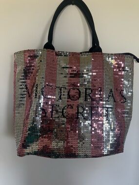 Victoria's Secret Pink and Silver Sequin Stripe Tote